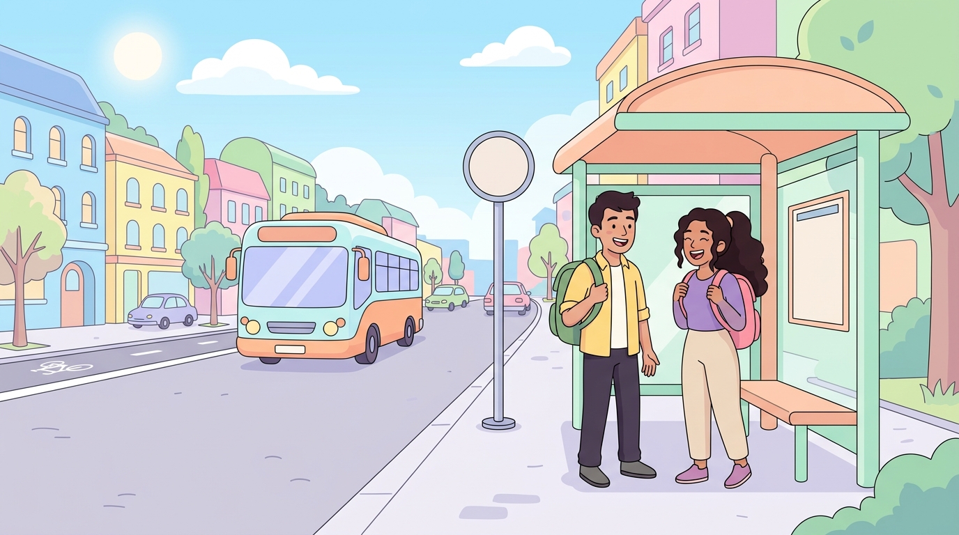 Karim et Yara qui discutent à l'arrêt de bus en allant à l'école